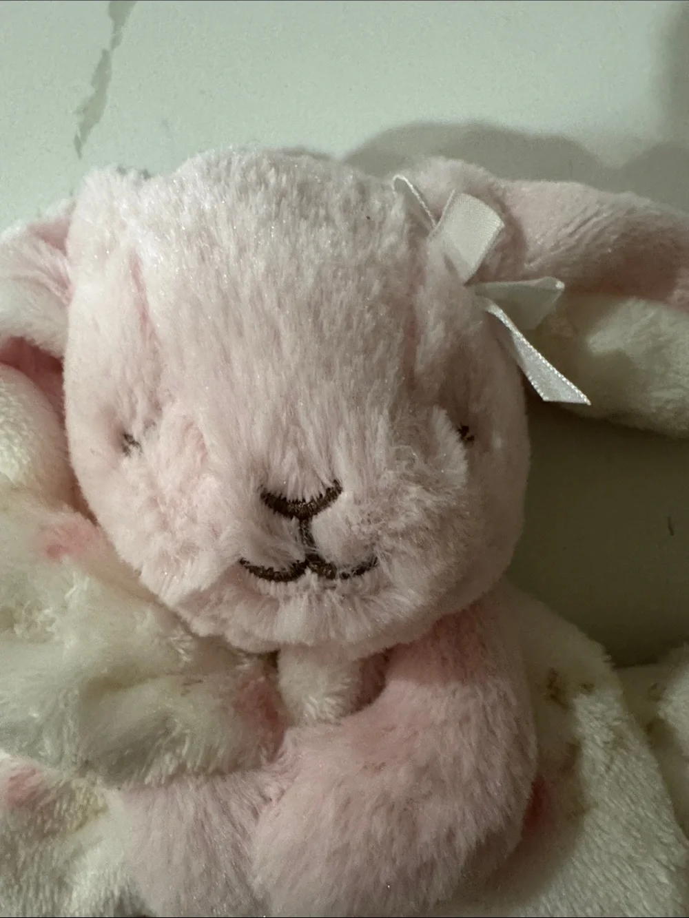 Pink Bunny Lovey Blanket with Rainbow Patch